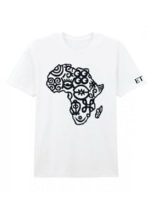 White t-shirt with a black African head design on a white background