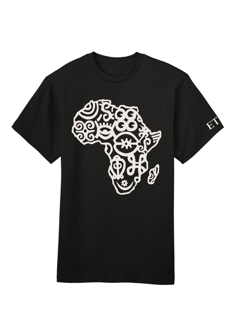 Black t-shirt with a white Africa map design on a white background