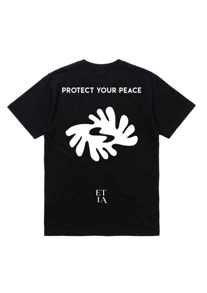 Black t-shirt with white text and design on a white background