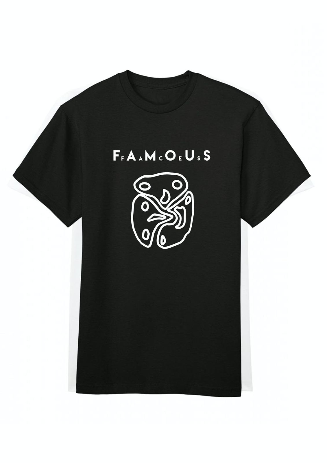 A black cotton crew neck t-shirt with the text 'F.A.M.O.U.S' printed on the front.