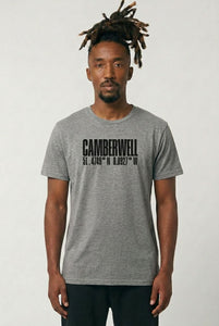 Man wearing a gray t-shirt with 'Camberwell' text on a white background