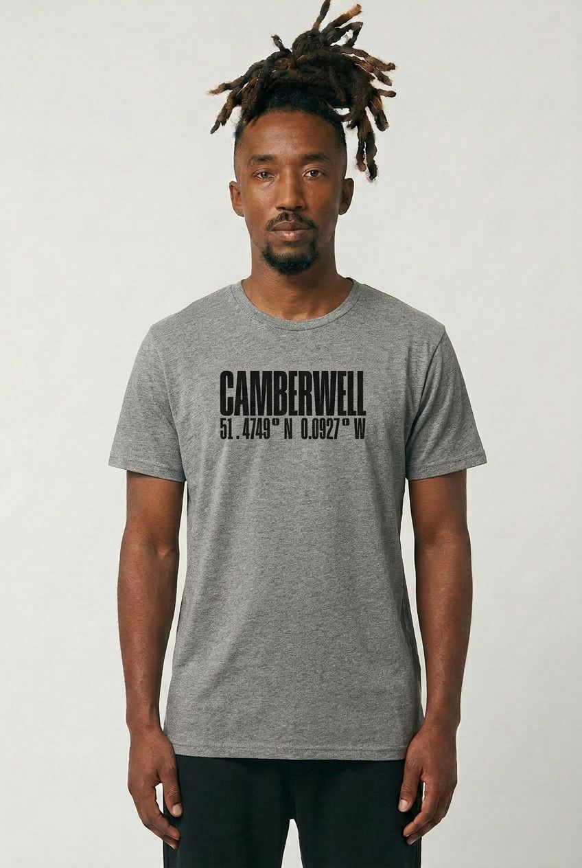 Man wearing a gray t-shirt with 'Camberwell' text on a white background