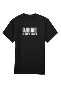 A black Camberwell cotton T-shirt with the brand name printed in black text on the front.