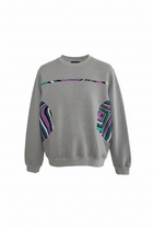 Gray sweater with colorful geometric patterns on a white background