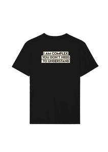 Black t-shirt with white text on a white background