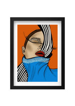Artistic illustration of a person with a blue scarf and red lips on an orange background
