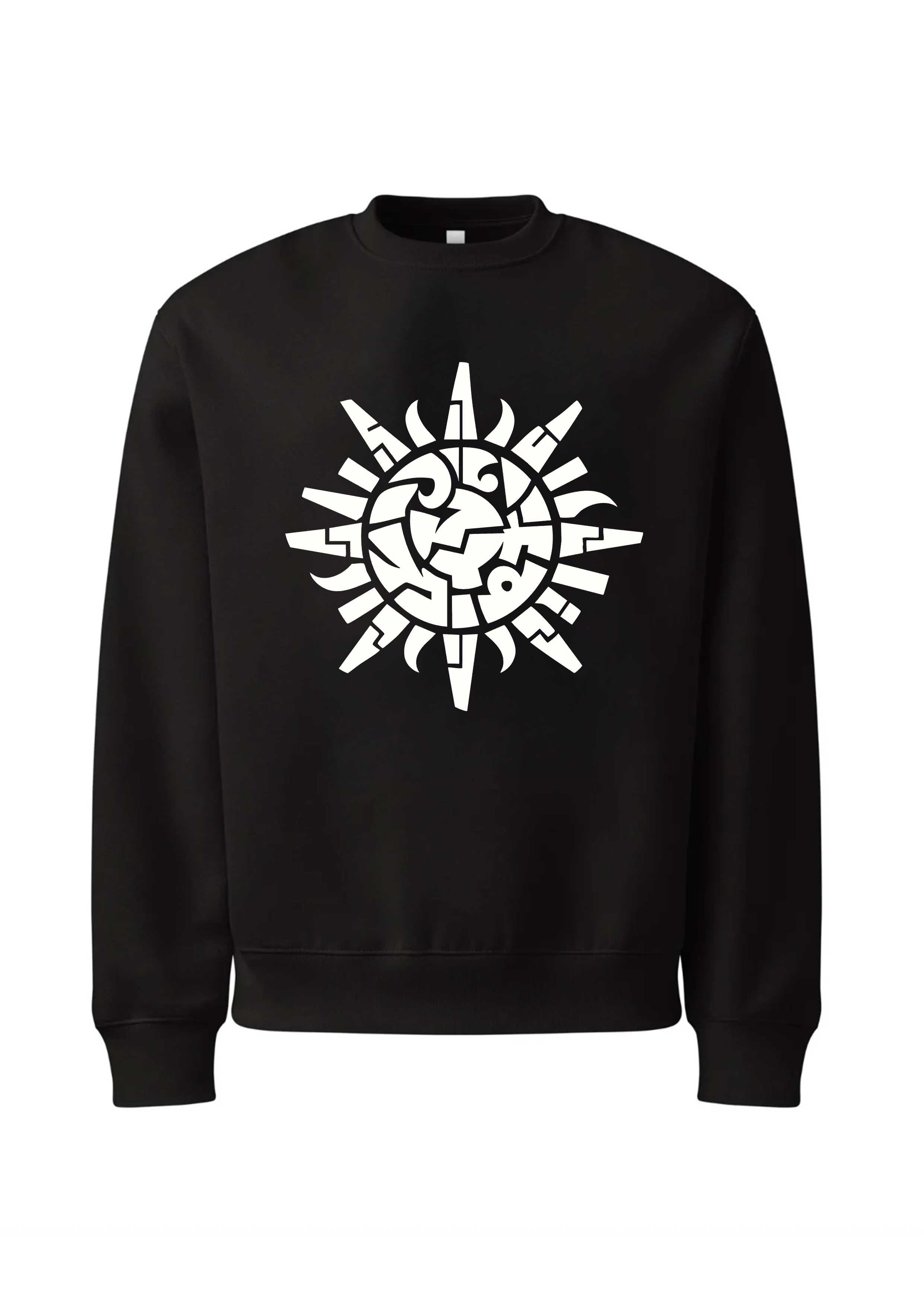 Black sweatshirt with a white geometric design on a white background