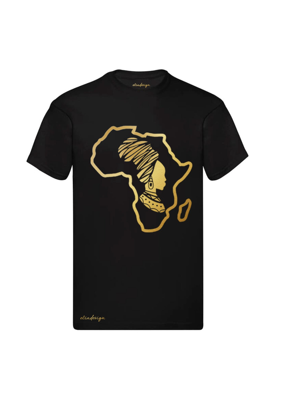 A navy blue cotton T-shirt with a graphic of the African continent in orange and a stylized face inside the contour.