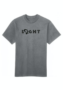 Gray t-shirt with 'LIGHT' and a graphic design on a white background