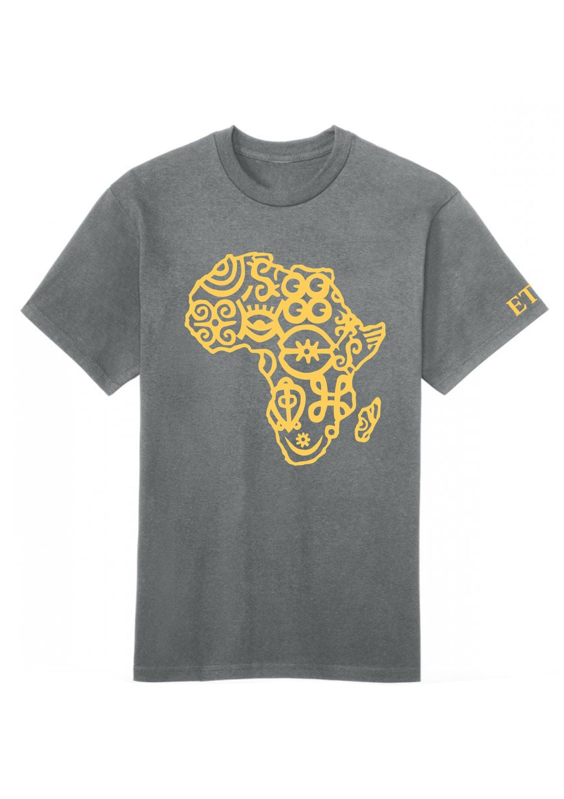 Gray t-shirt with yellow Africa map design on a white background