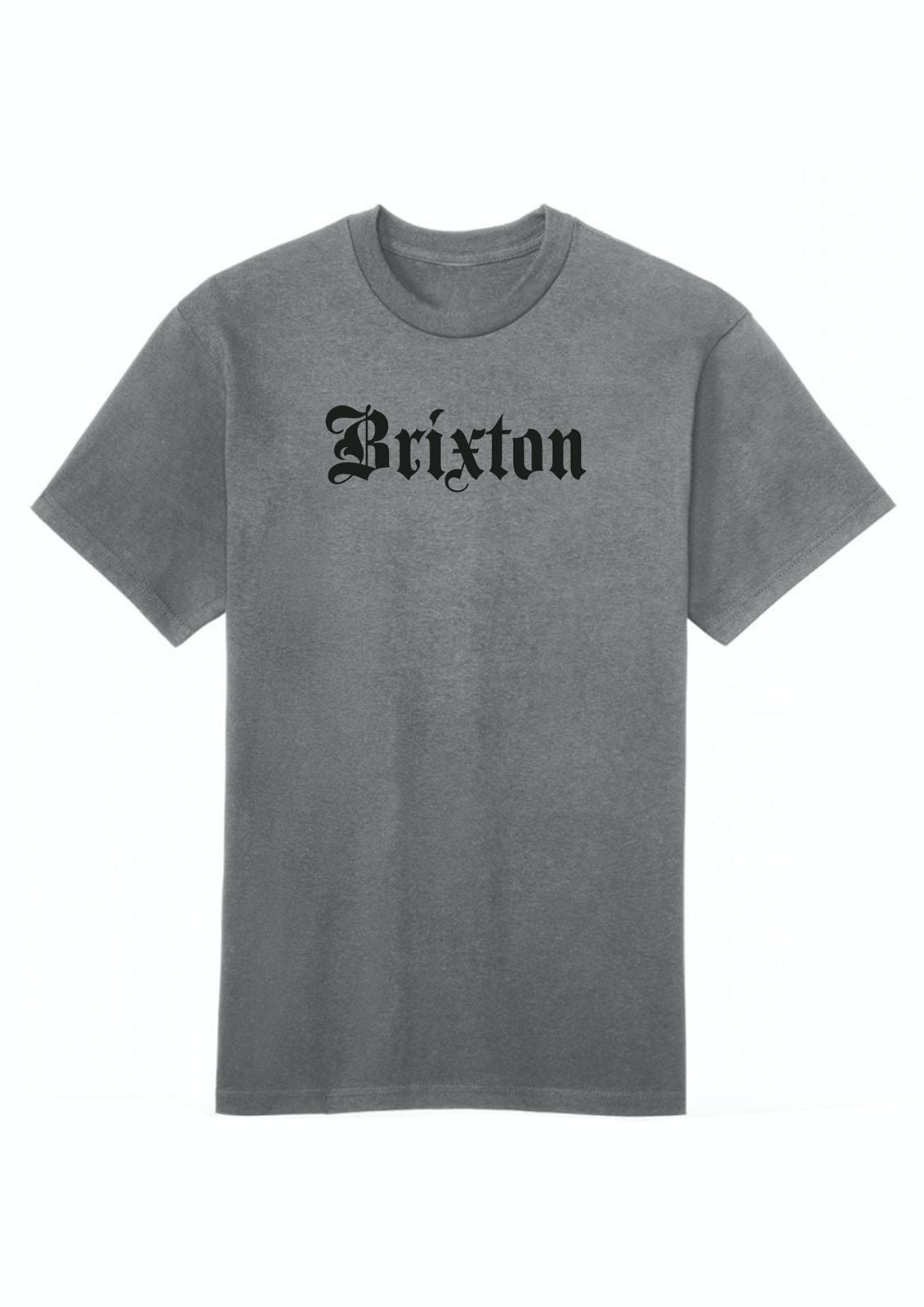 A gray Brixton T-shirt with the brand name 'Brixton' written across the front in bold letters.