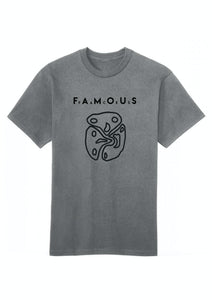 A gray cotton crew neck t-shirt with the text 'F.A.M.O.U.S' printed on the front.