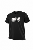Black t-shirt with 'NOW' graphic design on a white background