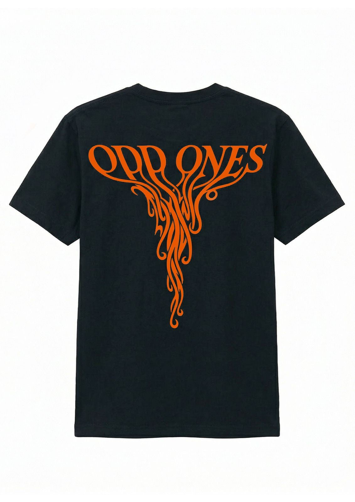 Black t-shirt with orange 'Odd Ones' design on a black background