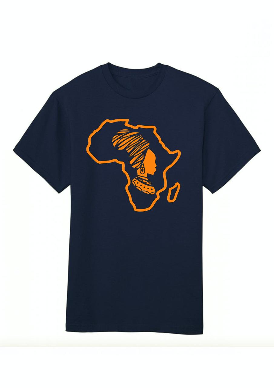 A navy blue cotton T-shirt with a graphic of the African continent in orange and a stylized face inside the contour.