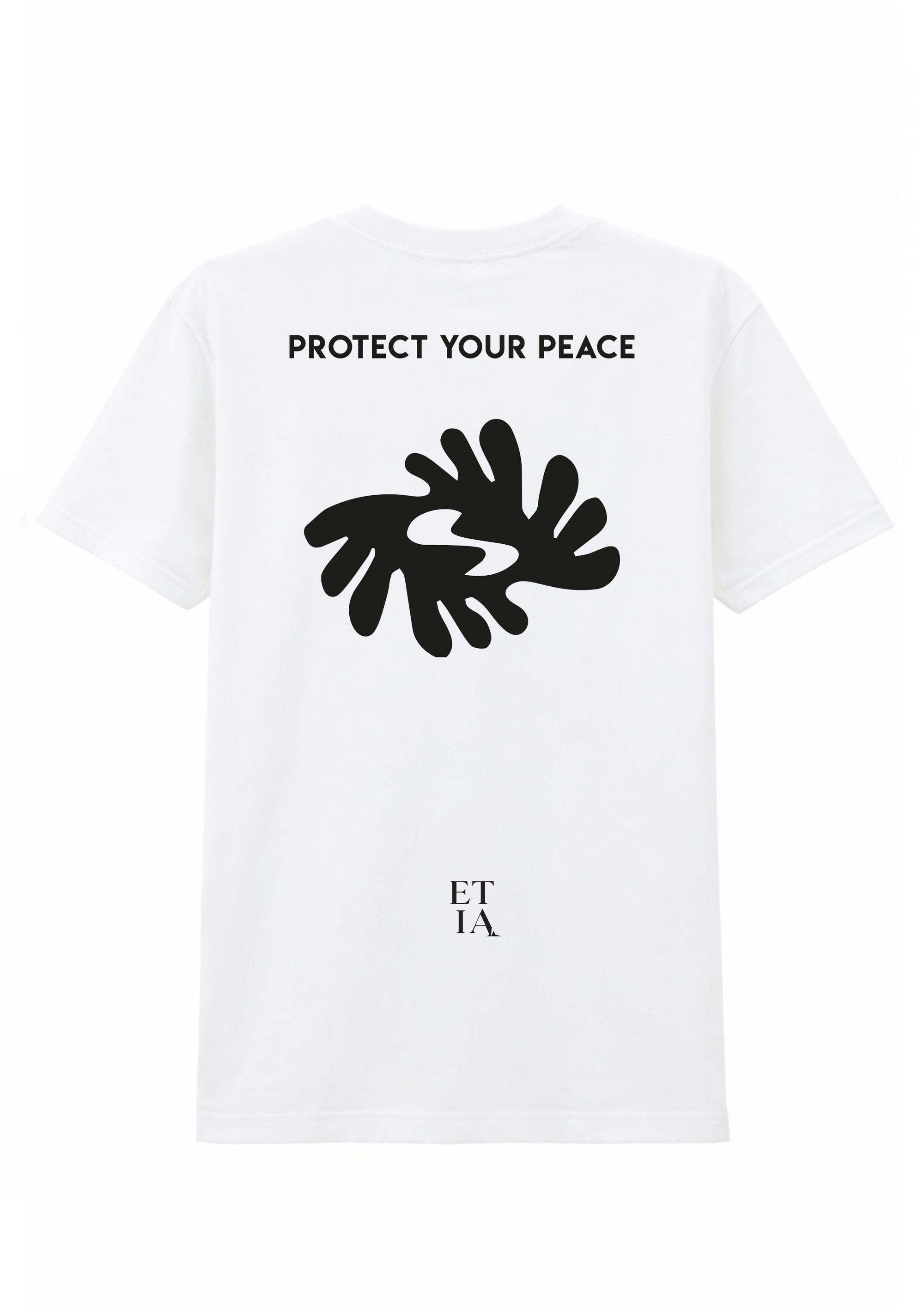 White t-shirt with black graphic and text on a white background
