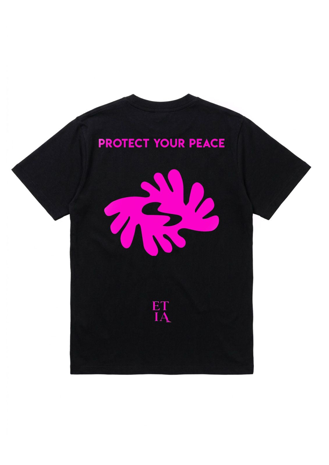 Black t-shirt with pink graphic and text on a black background