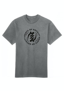 A green cotton T-shirt with a round neckline and short sleeves. The T-shirt features a front print with the text 'ROOTS OF ROYALTY' and a graphic design.