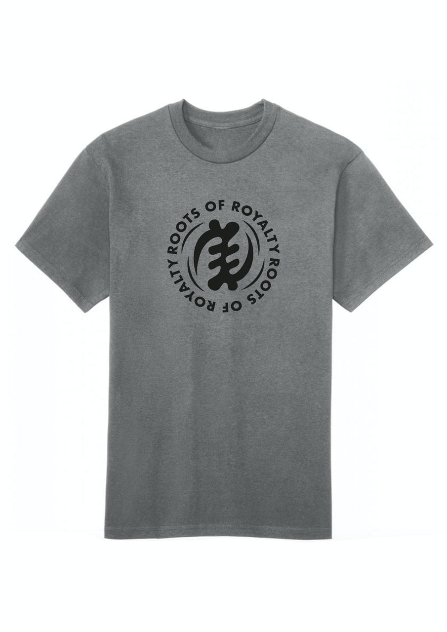 A green cotton T-shirt with a round neckline and short sleeves. The T-shirt features a front print with the text 'ROOTS OF ROYALTY' and a graphic design.