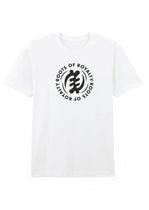 White t-shirt with black logo and text on a white background