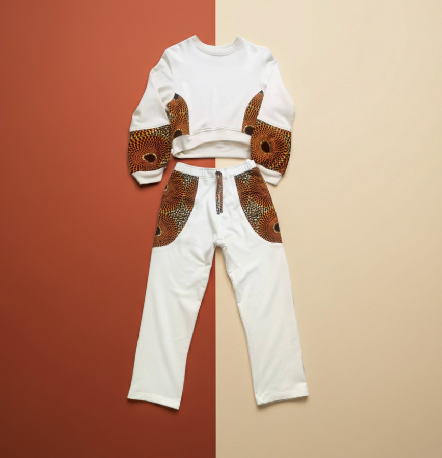 Creme Fabric Women’s Tracksuit – Brown Print Insert Two-Piece Set