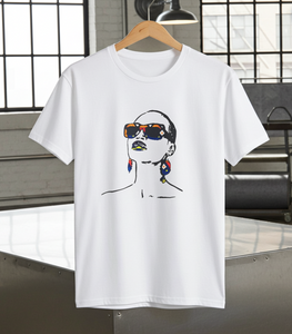 White t-shirt with a graphic design of a face wearing sunglasses and earrings on a hanger.