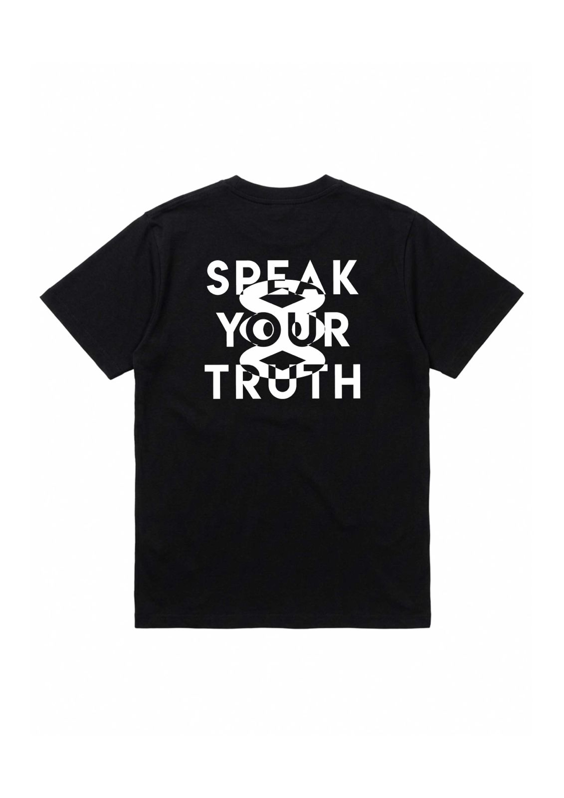 Black t-shirt with 'Speak Your Truth' text on a white background