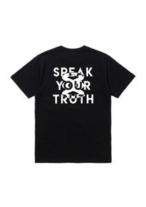 Black t-shirt with 'Speak Your Truth' text on a white background