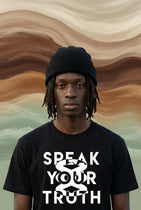 Person wearing a black t-shirt with 'Speak Your Truth' text against a wavy, multicolored background