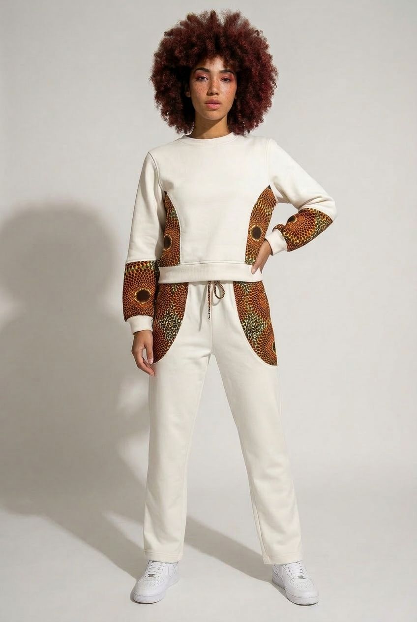 Tracksuit set with brown African print insert on ivory body fabric