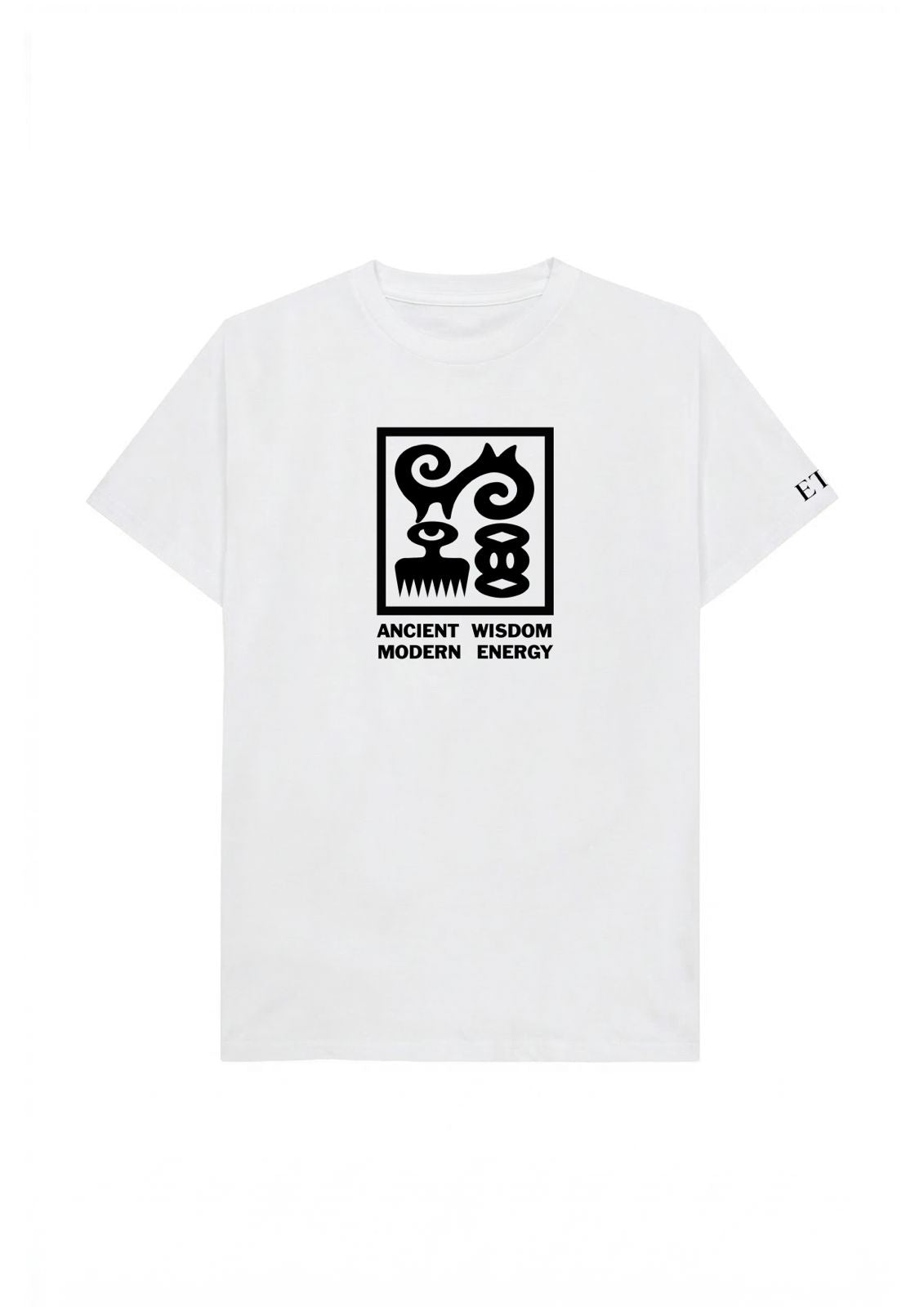 White t-shirt with black graphic design and text on a white background