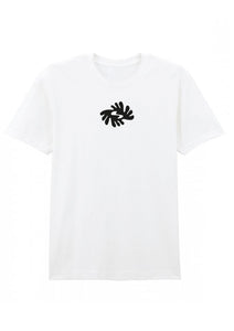 White t-shirt with a black abstract design on a white background