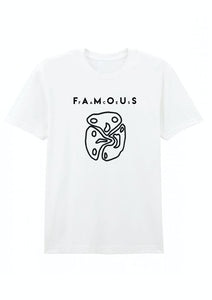 A gray cotton crew neck t-shirt with the text 'F.A.M.O.U.S' printed on the front.