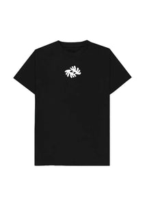 Black t-shirt with a white logo on a white background