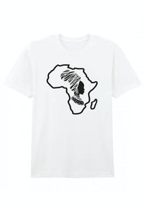 A navy blue cotton T-shirt with a graphic of the African continent in orange and a stylized face inside the contour.