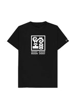 Black t-shirt with a white graphic design on a white background